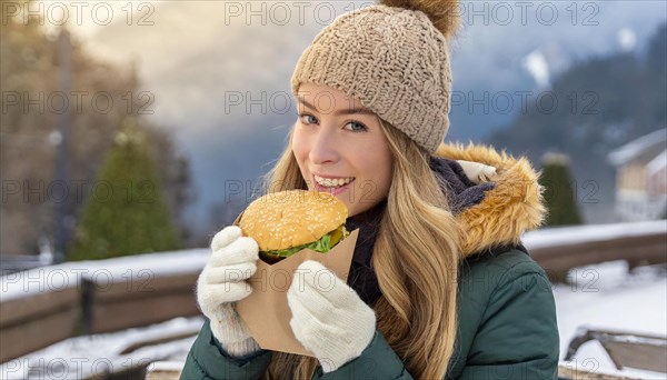 AI generated, human, humans, person, persons, woman, woman, 25, years, one, outdoor, ice, snow, winter, seasons, eats, eating, burger, hamburger, cap, bobble hat, gloves, winter jacket, cold, coldness