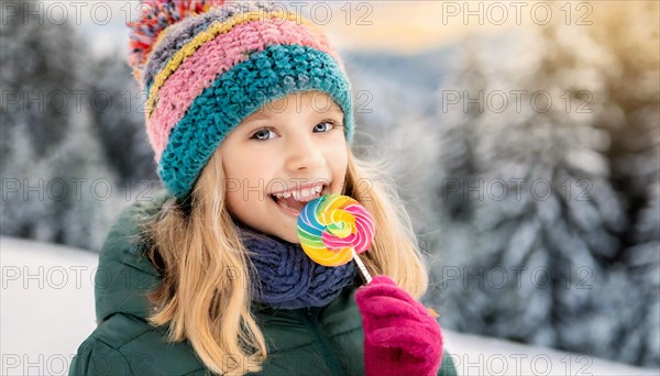 AI generated, Two little girls are happy about a lolly, lollipop, lollipop, human, people, person, persons, child, children, 10, years, two, outdoor, ice, snow, winter, seasons, eats, eating, hat, bobble hat, gloves, winter jacket, cold, coldness