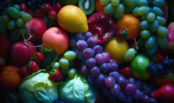Variety of fruits and vegetables as a background, top view. AI generated