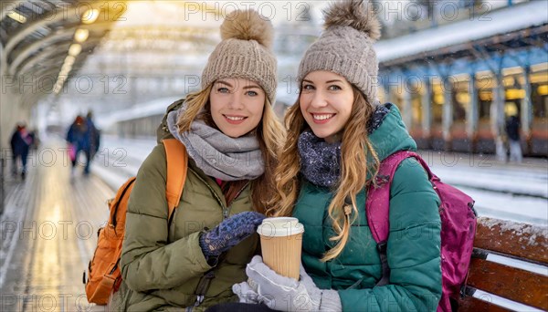 AI generated, Two young blonde woman want to travel and wait in the station for the train, 20, 25, blond, blonde, blonde, modern, modern, handbag, jeans, winter jacket, white, sneakers, shoes, bobble hat, coffee to go in hand, transport, traffic, two people, ice, snow, winter