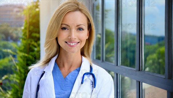 AI generated, A young pharmacist in her pharmacy, portrait, 30, 35, years, female, blonde, blond, blonde, beautiful teeth, smiles, long hair, profession, professions, medicines in the background