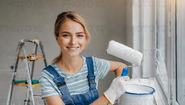 AI generated, woman, woman, a young girl paints a wall with new paint, white, whiter, white, renovation of old flat, paint roller, ladder, paint, 20, 25, years, a, a person, daughter, student, pastime, family, girl, smiling, smiling, fun at work, laughing, laughing, laughing, dungarees, jeans