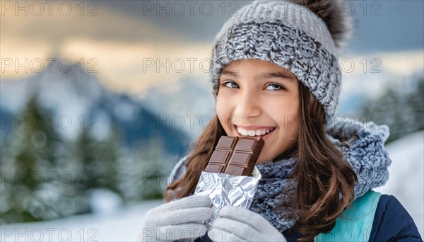 KI generated, Young girl, 15, years, eating a bar of chocolate, one person, outdoor shot, ice, snow, winter, seasons, eating, eating, hat, bobble hat, gloves, winter jacket, cold, coldness