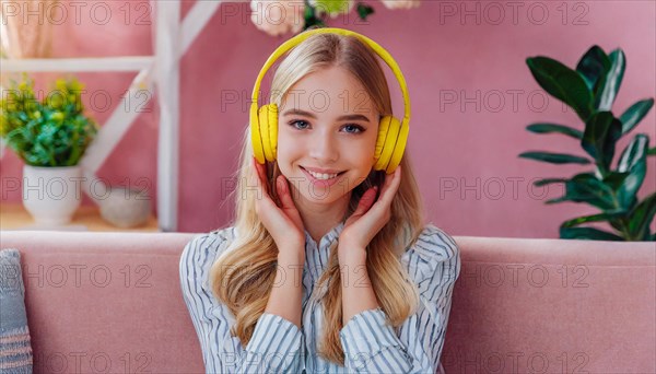 AI generated, human, humans, person, persons, woman, woman, girl, 20, 25, years, one person, interior shot, sitting on the sofa and listening to music with headphones, relaxed, relaxed, yellow headphones, beautiful teeth, beautiful eyes, smiling, happy