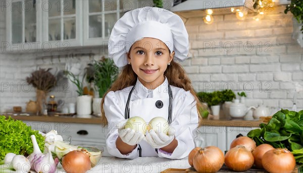 AI generated, human, humans, person, persons, child, children, 8 year old girl cutting onions in a white kitchen, chef hat, smock, cute, cute, beautiful eyes, beautiful teeth, cook, cook, kitchen table, vegetables, onions, garlic