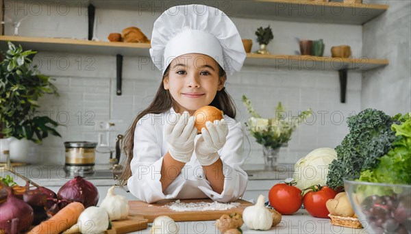 AI generated, human, humans, person, persons, child, children, 8 year old girl cutting onions in a white kitchen, chef hat, smock, cute, cute, beautiful eyes, beautiful teeth, cook, cook, kitchen table, vegetables, onions, garlic