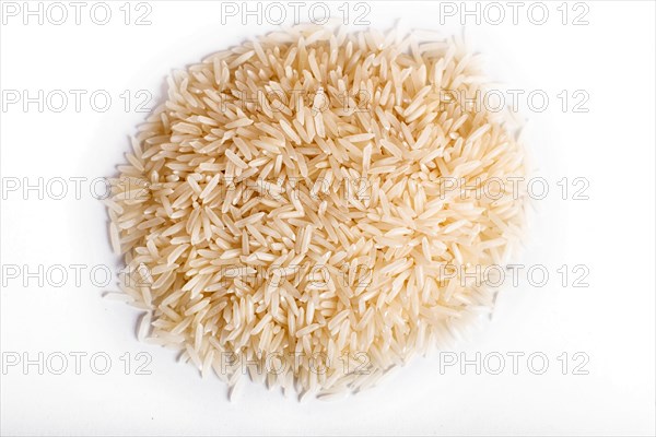 Pile of basmati rice isolated on white background. Top view