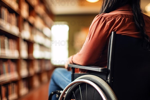Woman in wheelchair with blurry college or university library in background. KI generiert, generiert AI generated