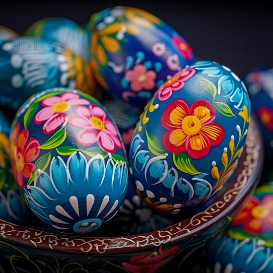 Easter celebration, featuring close up of a collection of brightly colored eggs, each intricately painted with various patterns and designs, placed in a wicker basket, AI generated