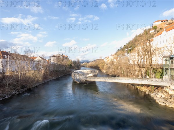 Futuristic Mur Island in the River Mur, artificial island in the river, Graz, Styria, Austria, Europe