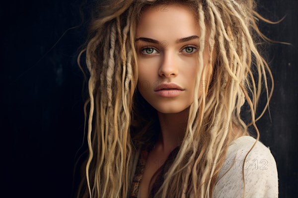 Portrait of young beautiful Caucasian woman with long blond dreadlocks. KI generiert, generiert AI generated