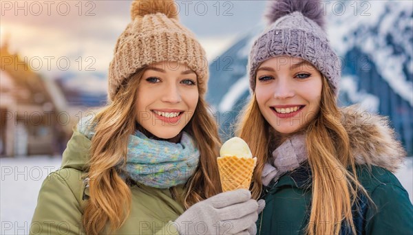 AI generated, human, humans, person, persons, woman, woman, child, 20, 25, years, two persons, outdoor, ice, snow, winter, seasons, eats, eating, waffle ice cream, waffle, Italian ice cream, cap, bobble hat, gloves, winter jacket, cold, coldness