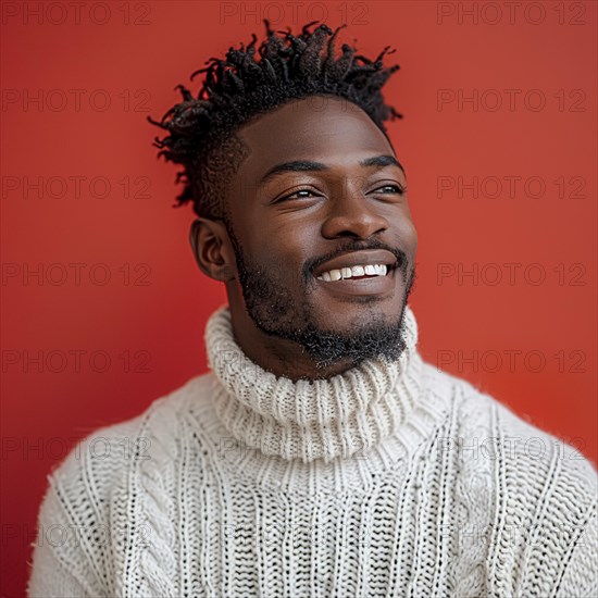 Portrait of a happy student standing in front of a colored background with a trendy sweater smiling, AI generated