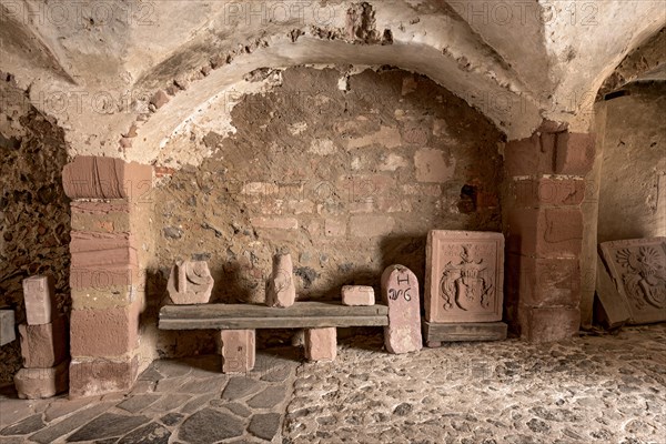 Architectural fragments of stone, remains, upper gate building, Ronneburg Castle, medieval knight's castle, Ronneburg, Ronneburger Huegelland, Main-Kinzig district, Hesse, Germany, Europe