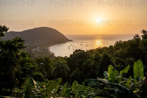 View from a mountain onto a secluded bay with a sandy beach and mangrove forest. The sun sets over the sea and boats float in the water. Grande Anse beach, Basse Terre, Guadeloupe, French Antilles, Caribbean, North America
