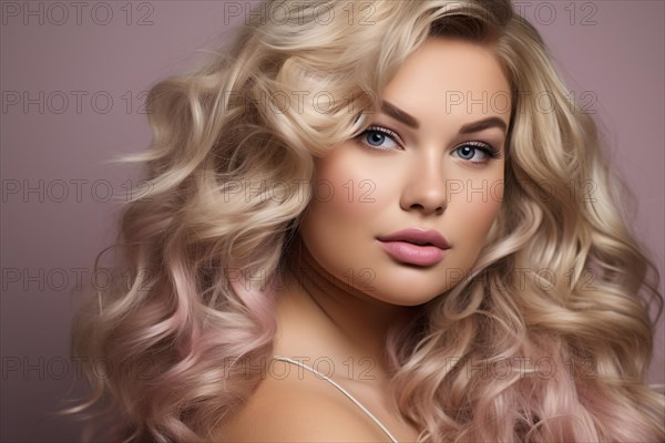 Beautiful cury plus sice model with long blond and pink hair. KI generiert, generiert AI generated