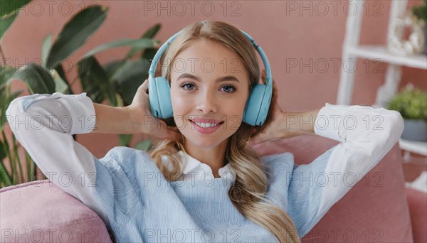 AI generated, human, humans, person, persons, woman, woman, girls, 20, 25, years, one person, interior shot, sitting on the sofa and listening to music with headphones, relaxed, relaxed, blue headphones, beautiful teeth, beautiful eyes, smiling, happy