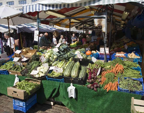 Vegetables on display market place in the city centre of Cambridge, England, United Kingdom, Europe