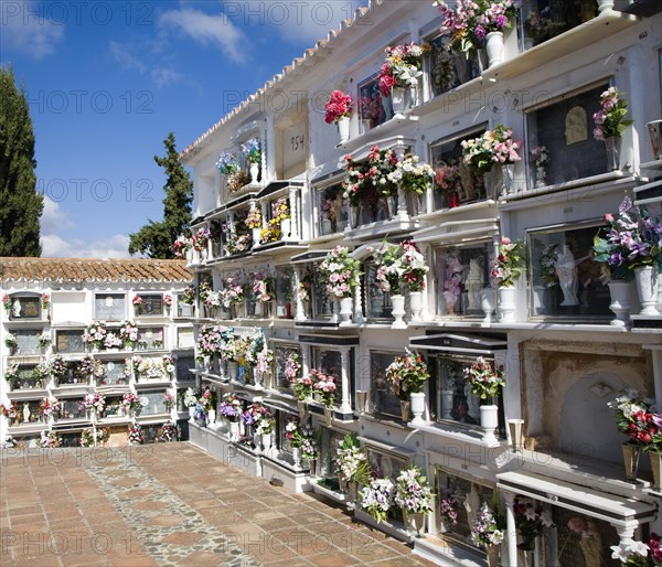 Traditional cemetery decorated with flowers in the Andalucian village of Comares, Malaga province, Spain, Europe