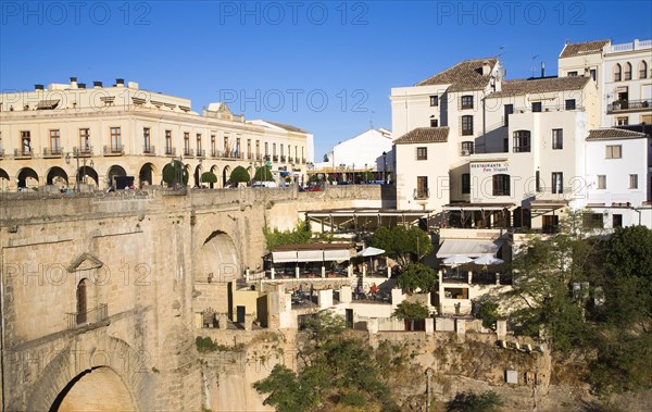 Historic New Bridge, Puente nuevo, spanning the El Tajo gorge over the Rio Guadalevin river, Ronda, Spain, Europe