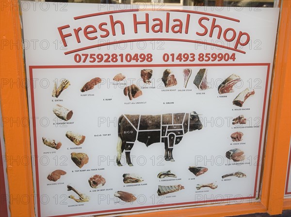 Halal butcher shop sign for beef cuts