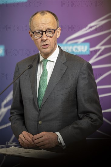 Friedrich Merz, CDU party chairman, CDU/CSU parliamentary group leader, during a press statement in front of a parliamentary group meeting. Berlin, 20.02.2024