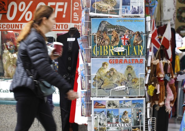 A shop in Gibraltar offers postcards with Gibraltar motifs.thousands of Spaniards commute from Spain to Gibraltar every day to get to their workplace, 14.02.2019