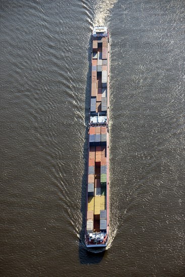 Aerial photo, inland vessel, container taxi, Elbe, container, transport, ship