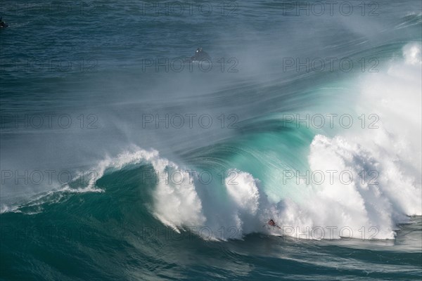 A surfer is hit by a crashing wave, Nazare, Portugal, Europe