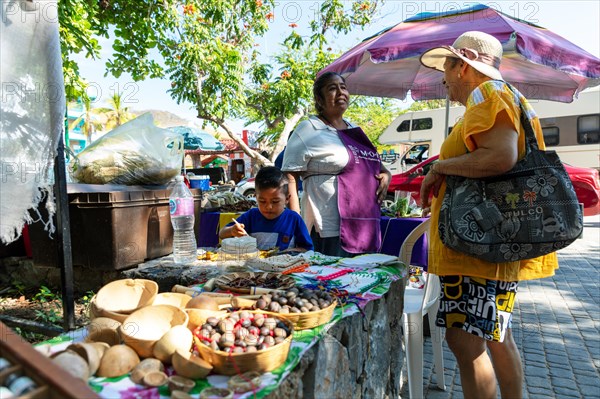 People at the busy Mercado Organico market in Santa Cruz, Pochutla, Baja de Hualtulco, South Pacific Coast, State of Oaxaca, Mexico, Central America