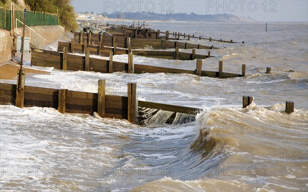 Coastal defences on the North Sea coast in East Anglia at Cobbold's Point, Felixstowe, Suffolk, England, United Kingdom, Europe