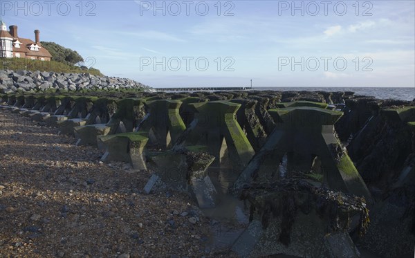 Coastal defences on the North Sea coast in East Anglia at Cobbold's Point, Felixstowe, Suffolk, England, United Kingdom, Europe