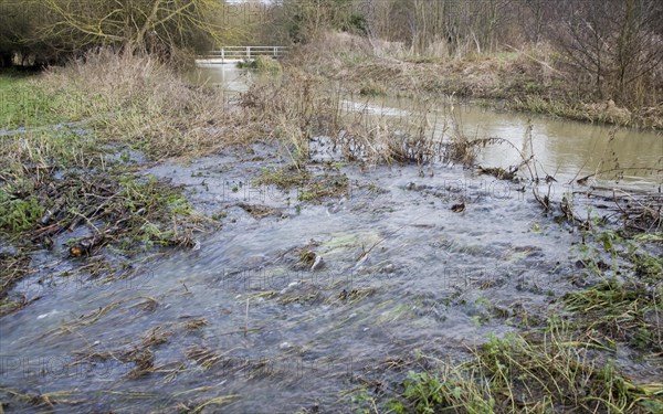 River Deben bursting its banks and flowing overland over levee onto flood plain, near Whitebridge weir, Campse Ashe, Suffolk, England late December 2012