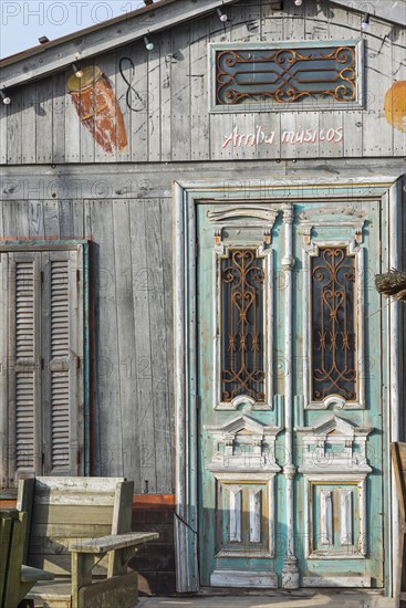 Caribbean wooden house facade, wooden house, pastel, pastel, facade, building, architecture, entrance, terrace, dilapidated, faded, withered, old, empty, abandoned, colourful