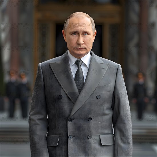 President of the Russian Federation, Vladimir Vladimirovich Putin with grey double-breasted suit, white shirt and grey tie, AI generated, AI generated