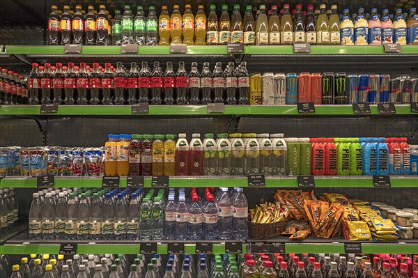 Beverage offer in a refrigerated counter of a petrol station, Bavaria, Germany, Europe