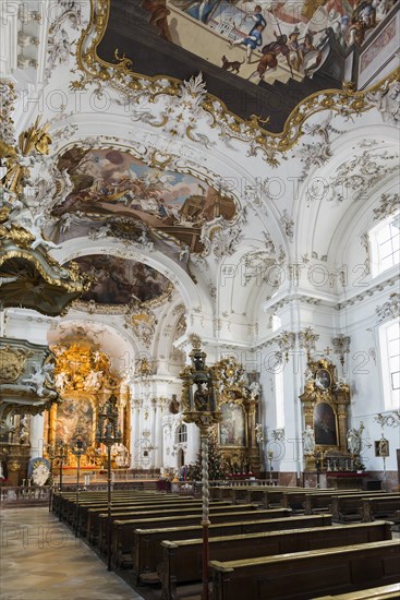 Baroque church, interior view, Marienmuenster, Diessen, Ammersee, Fuenfseenland, Pfaffenwinkel, Upper Bavaria, Bavaria, Germany, Europe