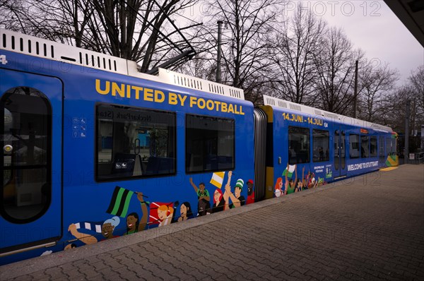 Underground railway, advertising for the EURO 2024, European Football Championships, Stuttgart, logo, slogan Welcome to Stuttgart, United by Friends, Baden-Wuerttemberg, Germany, Europe