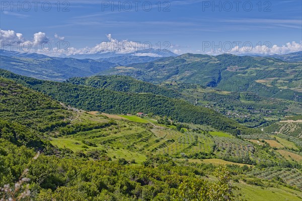 The valley of the river Osum on the western slope of the Tomorr massif and the southern Albanian mountain landscape m Tomorr National Park, also known as Tomorri National Park. Berat, Albania, Southeast Europe, Europe