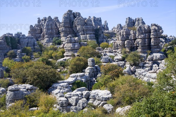 Dramatic limestone scenery of rocks shaped by erosion and weathering at El Torcal de Antequera national park, Andalusia, Spain, Europe