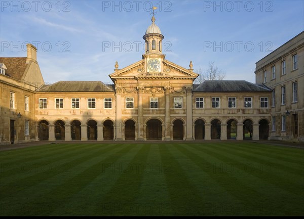 Clock tower and quadrangle courtyard of Emmanuel College, University of Cambridge, England, United Kingdom, Europe