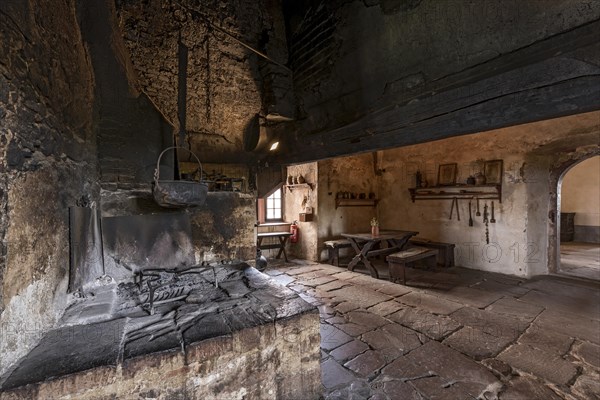 Kitchen with fireplace, hob and soot-blackened ceiling, soot, medieval knight's castle, Ronneburg Castle, Ronneburger Huegelland, Main-Kinzig district, Hesse, Germany, Europe