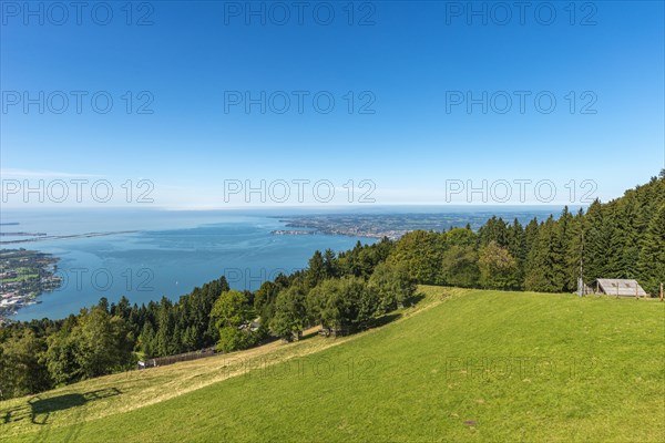 View from the Pfaender, 1064m, local mountain of Bregenz, to Lindau, Lake Constance, Vorarlberg, Alps, Austria, Europe