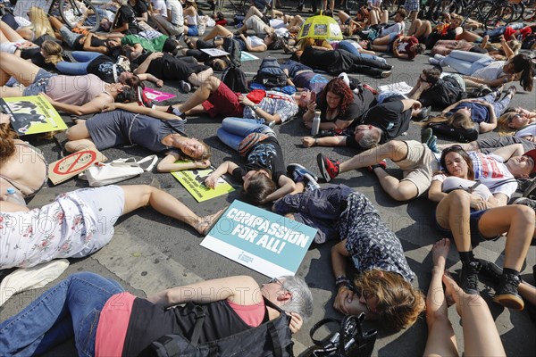 Mass die In, at the Official Animal Rights March demo at Rosenthaler Platz in Berlin. The Animal Rights March is a demonstration of the vegan community for animal protection and animal rights, 25 August 2019