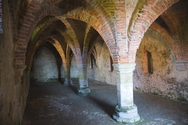 Vaulted roof and pillars in the cellar of the historic Guildhall, Blakeney, Norfolk, England, United Kingdom, Europe