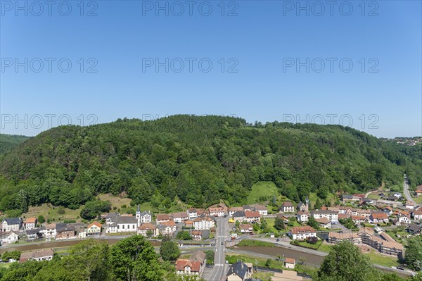 View from the ruins of Luetzelbourg to the village of Lutzelbourg with the Rhine-Marne Canal, Lutzelbourg, Lorraine, France, Alsace, Europe