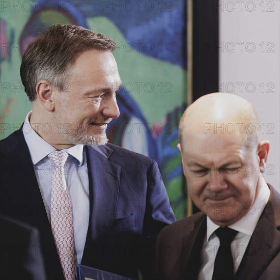 (L-R) Christian Lindner (FDP), Federal Minister of Finance, and Olaf Scholz (SPD), Federal Chancellor, recorded during the weekly cabinet meeting in Berlin, 21 February 2024