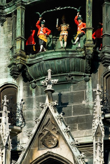 Clock tower chimes, carillon of the new town hall at Marienplatz, Mary's square, Munich, Bavaria, Germany, Europe