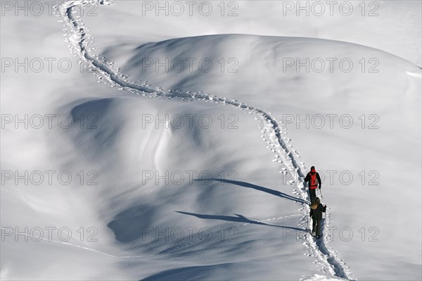 Snowshoe hiking in the Beverin nature park Park, Graubuenden, Switzerland, Europe