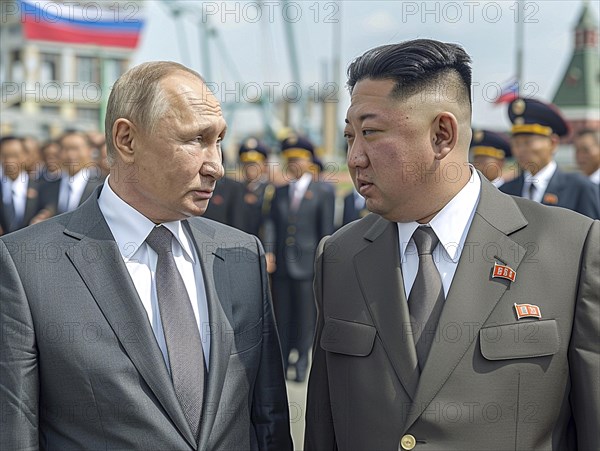 Russian President Vladimir Putin stands with President of Korea Kim Jong Un. AI generated